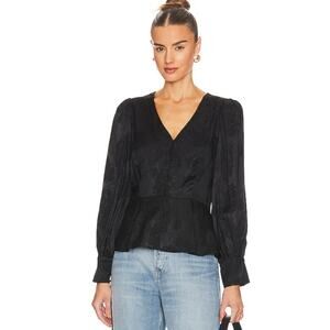 BCBGMazAzria Black Long Puff Sleeve Peplum Top V Neck Button Front Shirt XS